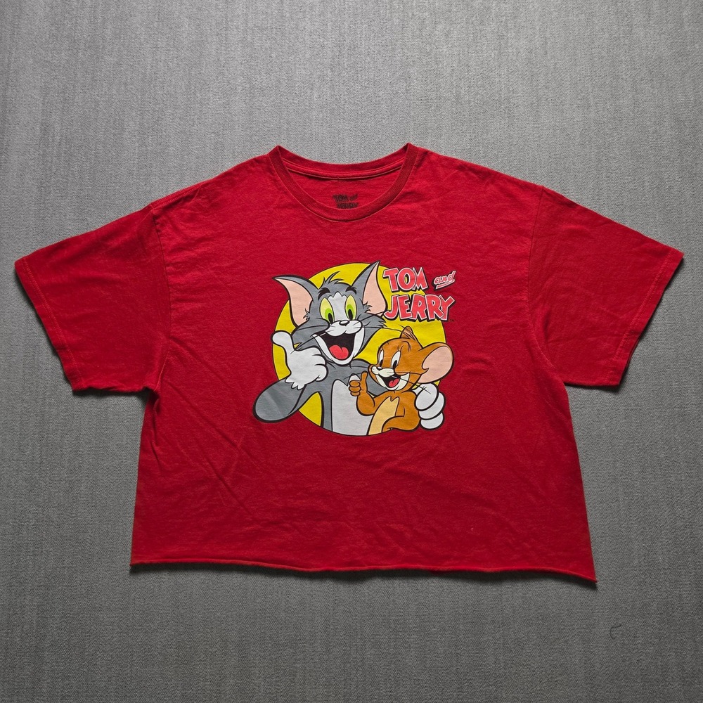 Tom and Jerry Graphic T-Shirt Women Large‎ Red Cropped Cotton Short Sleeve Tee